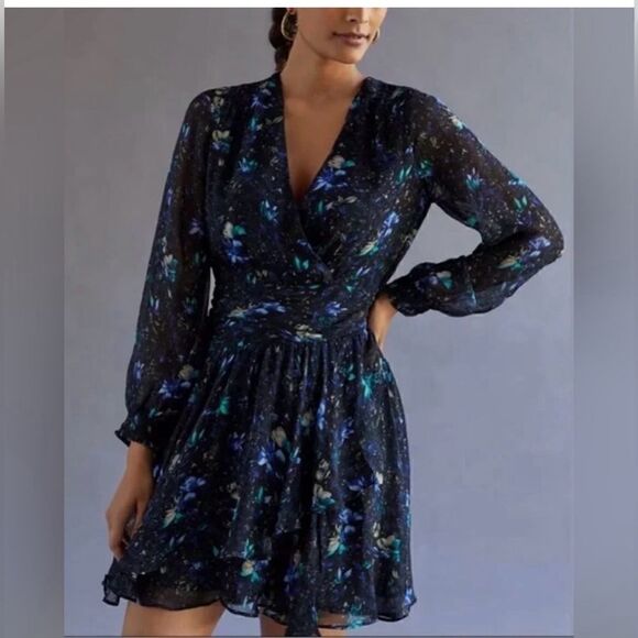 Anthropologie Ruched Floral Mini Dress size large - Picture 1 of 7